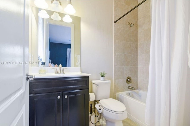 full bathroom with shower / bath combo with shower curtain, vanity, and toilet