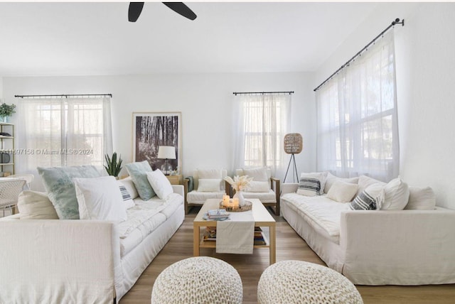 living room with ceiling fan, plenty of natural light, and dark wood-type flooring