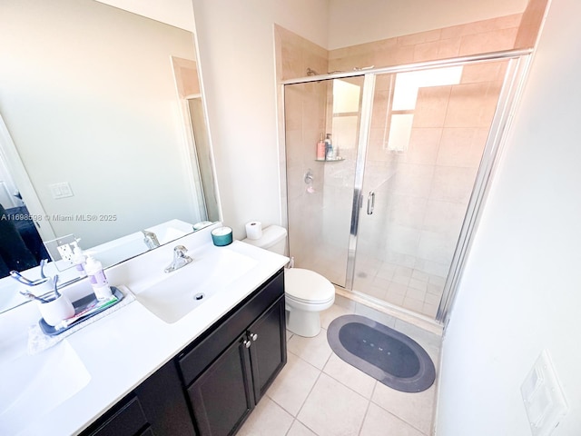 bathroom with toilet, vanity, tile patterned floors, and a shower with door