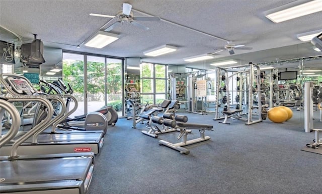 gym with ceiling fan, expansive windows, and a textured ceiling