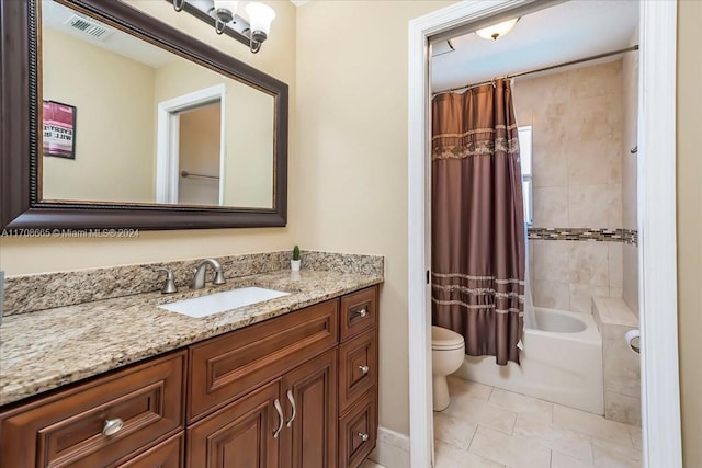 full bathroom with tile patterned floors, vanity, shower / bath combination with curtain, and toilet