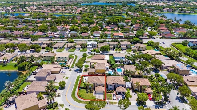 aerial view featuring a water view