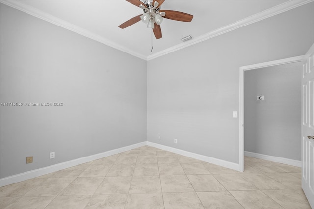 tiled empty room featuring ceiling fan and ornamental molding