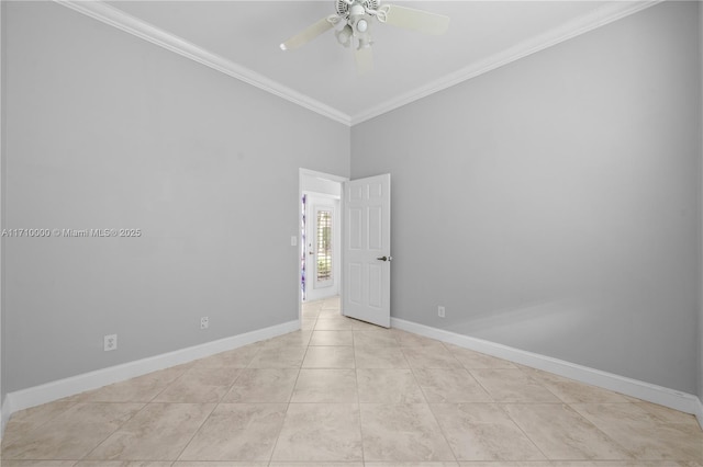 tiled spare room featuring ceiling fan and crown molding