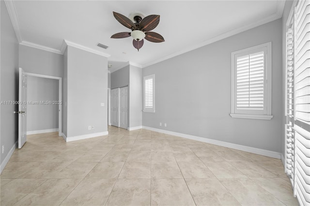 unfurnished bedroom with light tile patterned floors, ceiling fan, and ornamental molding