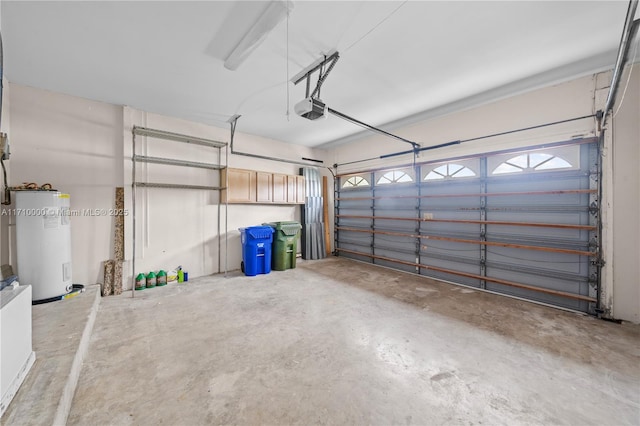 garage with water heater and a garage door opener