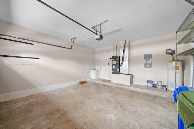 garage featuring electric panel, water heater, and a garage door opener