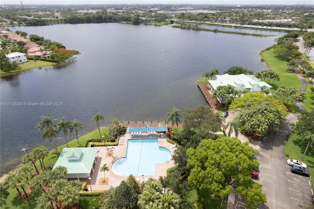 birds eye view of property featuring a water view