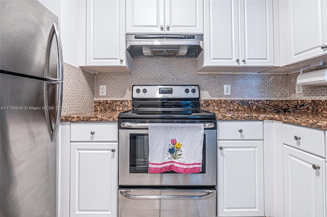 kitchen with backsplash, white cabinetry, and appliances with stainless steel finishes