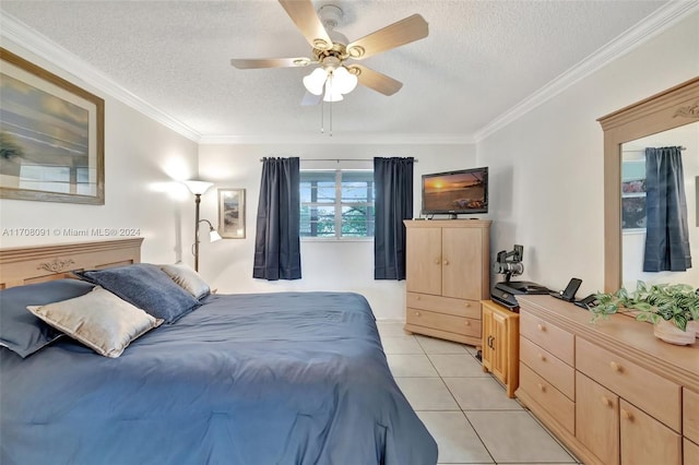 tiled bedroom with ceiling fan, crown molding, and a textured ceiling