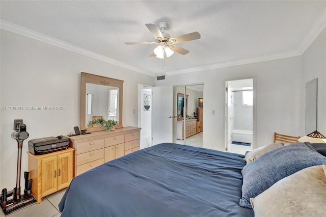 tiled bedroom with ensuite bathroom, ceiling fan, ornamental molding, and a closet