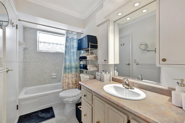 full bathroom with shower / bath combo, tile patterned floors, toilet, vanity, and ornamental molding