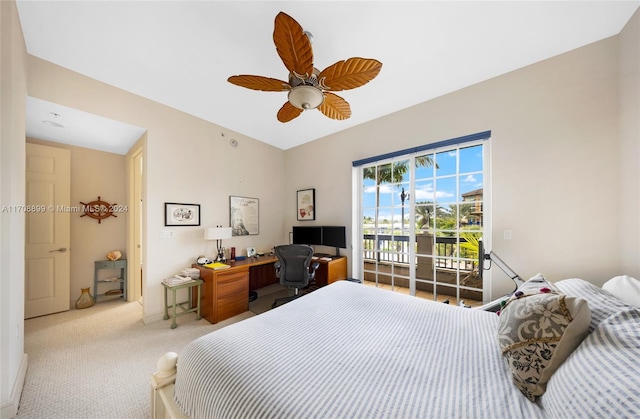 bedroom featuring light carpet and ceiling fan