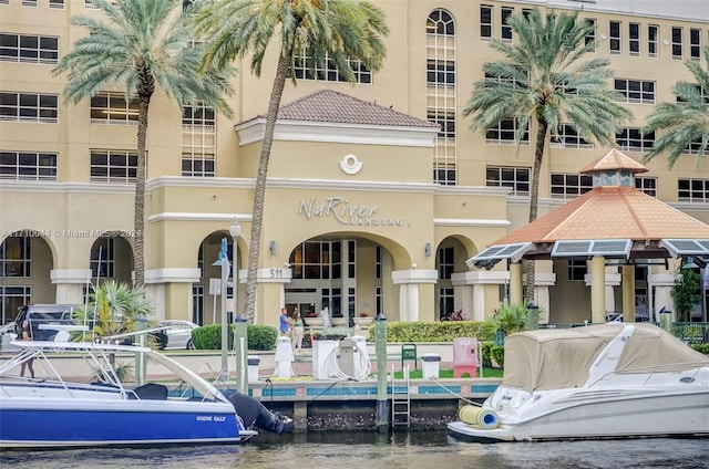 view of building exterior with a water view