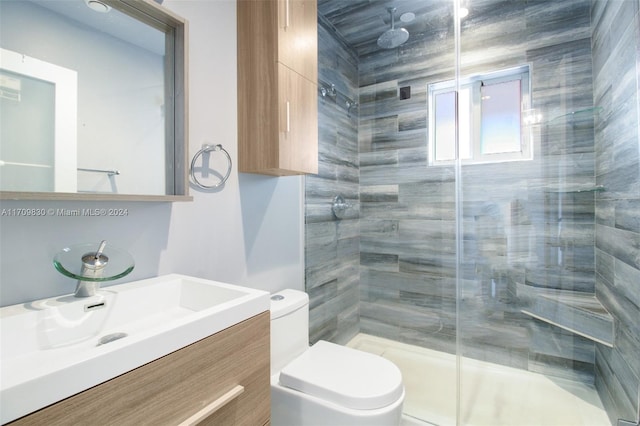 bathroom with vanity, a shower with shower door, and toilet