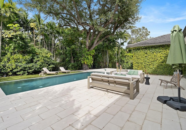 view of pool with an outdoor living space and a patio