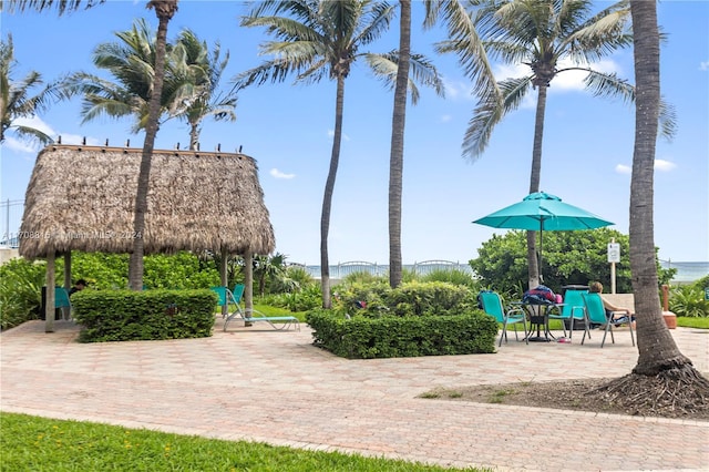 view of community featuring a gazebo and a patio