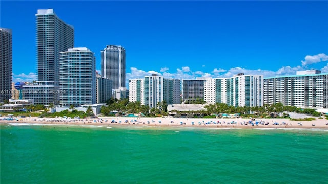 drone / aerial view with a beach view and a water view