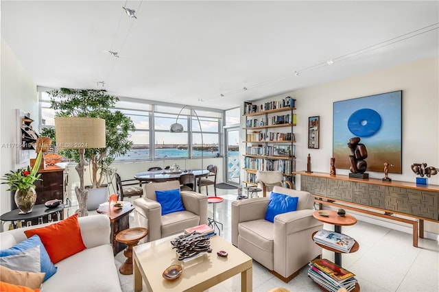 living room featuring a water view