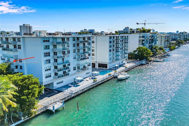 bird's eye view with a water view