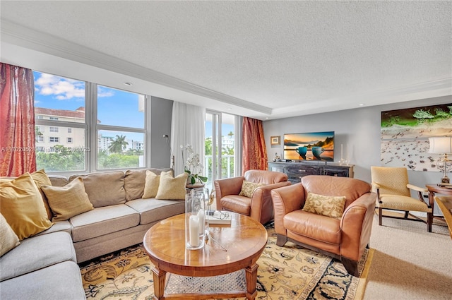 living room with a textured ceiling and light colored carpet
