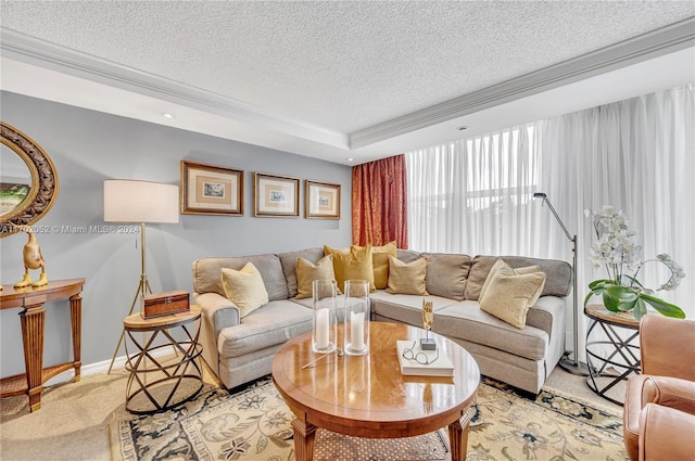 living room with a textured ceiling and carpet floors