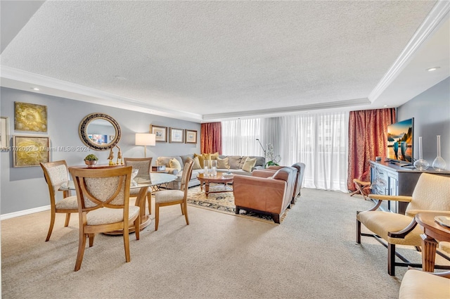 carpeted living room featuring a tray ceiling, crown molding, and a textured ceiling