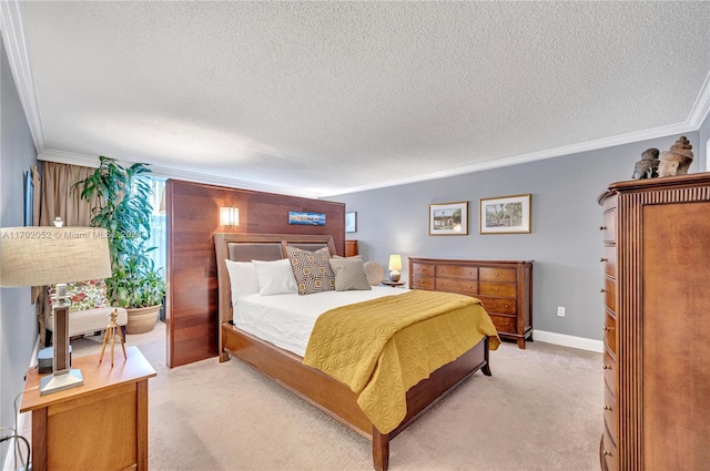 carpeted bedroom with crown molding, wooden walls, and a textured ceiling