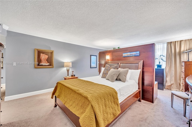 bedroom featuring baseboards, ornamental molding, a textured ceiling, and light carpet