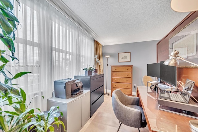 office with a textured ceiling and crown molding