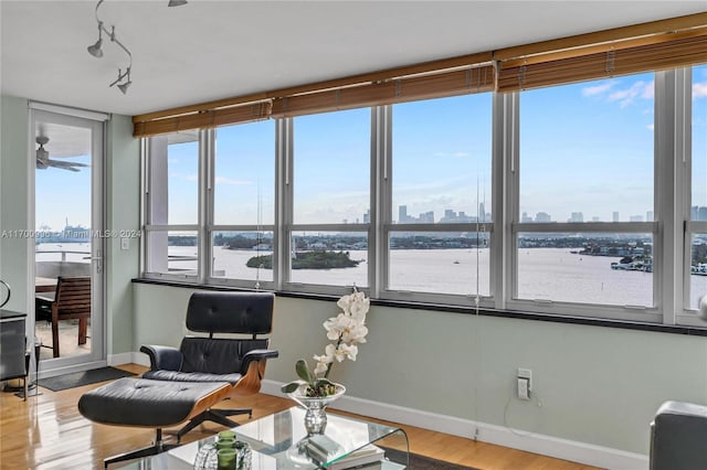 interior space with light hardwood / wood-style floors, a water view, and a wealth of natural light