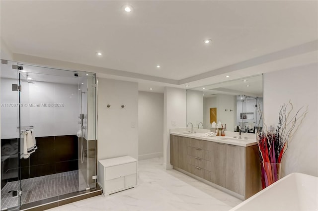 bathroom with vanity and plus walk in shower