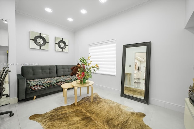 living room featuring light tile patterned flooring