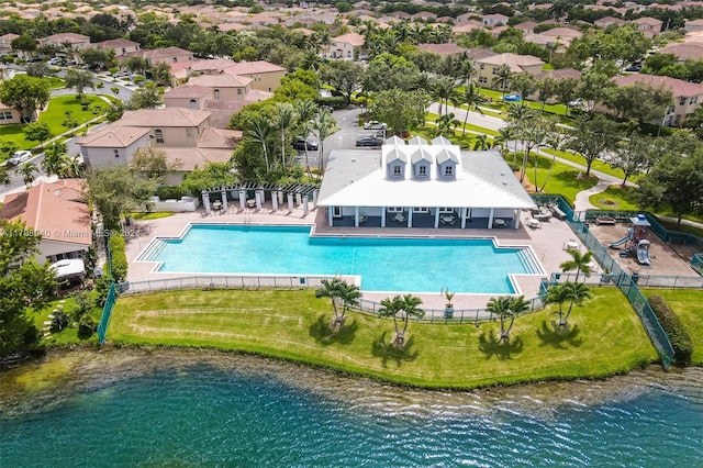 drone / aerial view featuring a water view