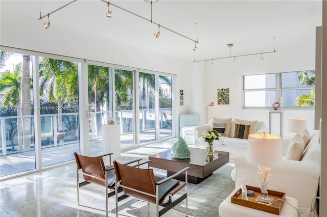 living room featuring track lighting