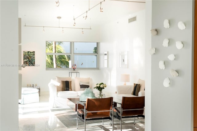 living area with a high ceiling