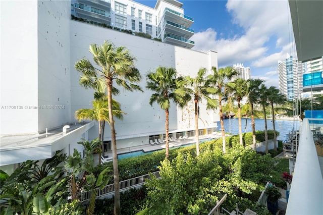 view of building exterior featuring a water view