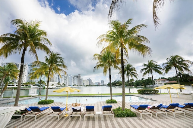 view of pool with a water view