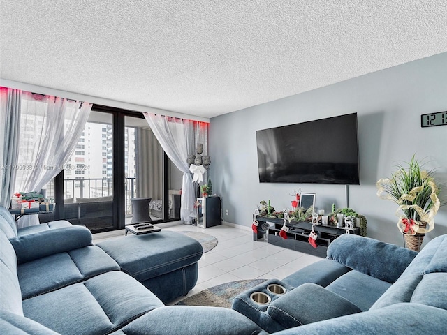 tiled living room with a textured ceiling