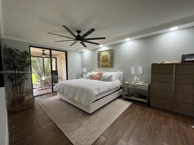 bedroom with access to outside, crown molding, ceiling fan, and dark wood-type flooring