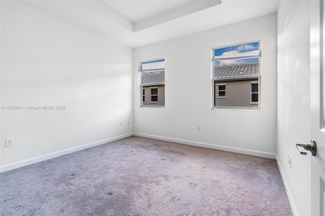 carpeted empty room with a tray ceiling