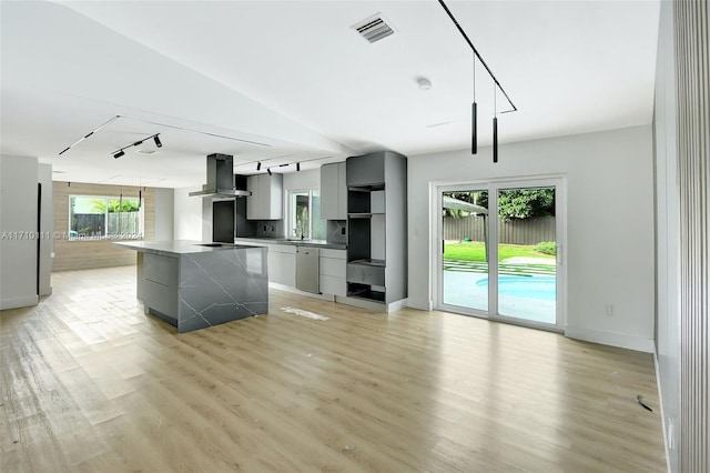 kitchen featuring dishwasher, ventilation hood, light hardwood / wood-style flooring, gray cabinets, and a large island