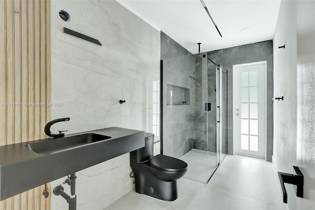 bathroom featuring concrete floors, toilet, an enclosed shower, and tile walls