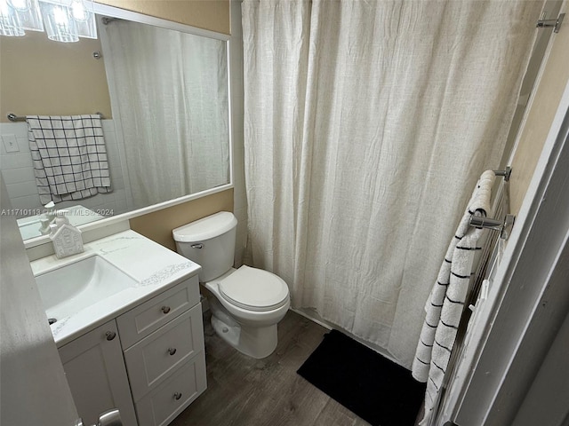 bathroom featuring vanity, wood-type flooring, and toilet