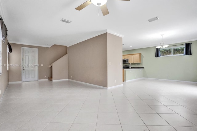 unfurnished living room featuring ceiling fan, light tile patterned flooring, and crown molding