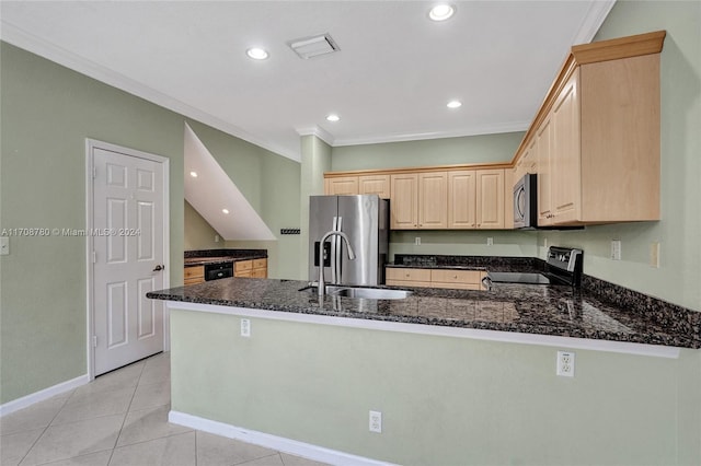 kitchen featuring kitchen peninsula, stainless steel appliances, ornamental molding, and dark stone countertops