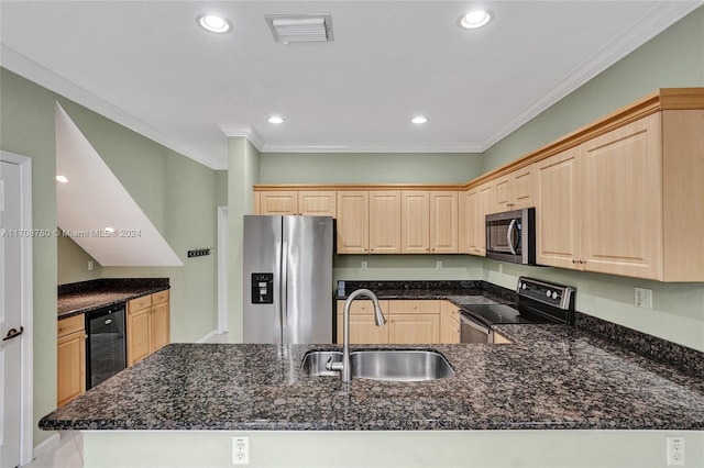 kitchen featuring light brown cabinets, sink, ornamental molding, kitchen peninsula, and stainless steel appliances