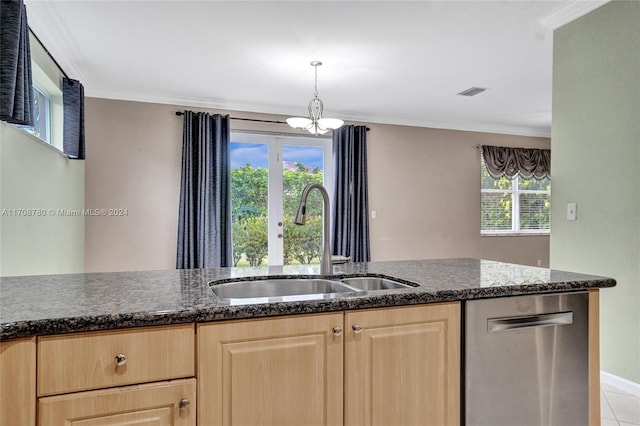 kitchen with light brown cabinetry, stainless steel dishwasher, crown molding, sink, and a notable chandelier