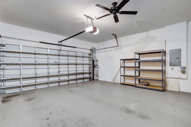 garage featuring electric panel, ceiling fan, and a garage door opener