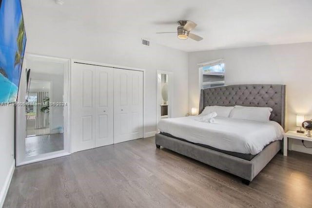 bedroom with ceiling fan, dark hardwood / wood-style flooring, and a closet